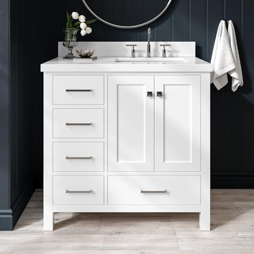 ARIEL Cambridge 37 Inch Bathroom Vanity with Sink, White Bathroom Vanity, Solid Wood Vanity Base Cabinet, White Quartz Top 1.5-Inch Edge, Right Rectangular Sink, 2 Soft Closing Doors, 5 Drawers