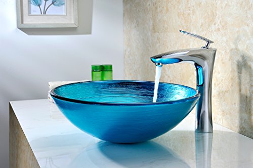 ANZZI Enti Series Tempered Glass Vessel Sink in Lustrous Blue Finish | 16.5 in. L x 16.5 in. W x 5.75 in. H | Deco-Glass Vessel Bathroom Sink with Pop-Up Drain | LS-AZ045