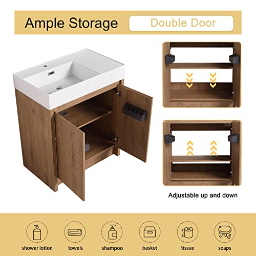 Malwee 30 Inch Freestanding Bathroom Vanity with Sink, 30'' Floor Standing Bathroom Vanity, Modern Vanity with 2 Doors and White Resin Basin Sink Top (036-30)