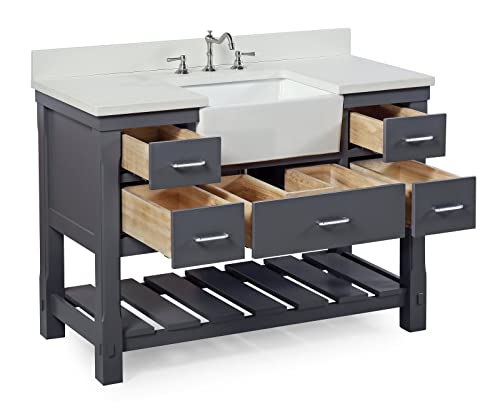 Charlotte 48-inch Farmhouse Bathroom Vanity (Quartz/Marine Gray): Includes Marine Gray Cabinet with Stunning Quartz Countertop and White Ceramic Apron Sink
