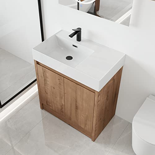 Malwee 30 Inch Freestanding Bathroom Vanity with Sink, 30'' Floor Standing Bathroom Vanity, Modern Vanity with 2 Doors and White Resin Basin Sink Top (036-30)