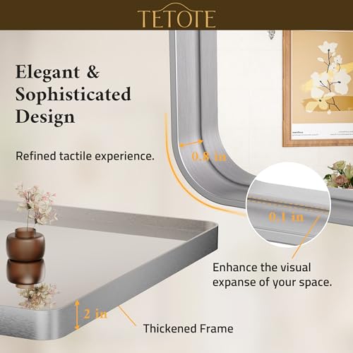 TETOTE 60 x 40 Inch Brushed Silver Bathroom Mirror, Bathroom Vanity Mirror, Modern Rectangle Round Corner Matte Framed Mirror (Horizontal/Vertical)