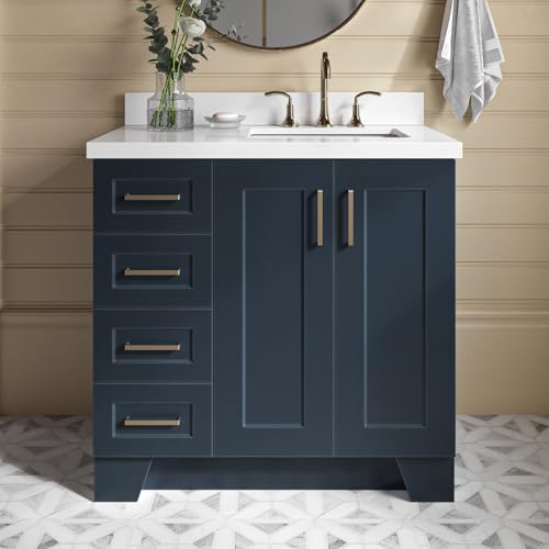 ARIEL Taylor 37 Inch Midnight Blue Bathroom Vanity with Sink, Solid Wood Bathroom Vanity Base Cabinet, White Quartz Countertop 1.5-Inch Edge, Right Rectangular Sink, 2 Soft Closing Doors, 5 Drawers