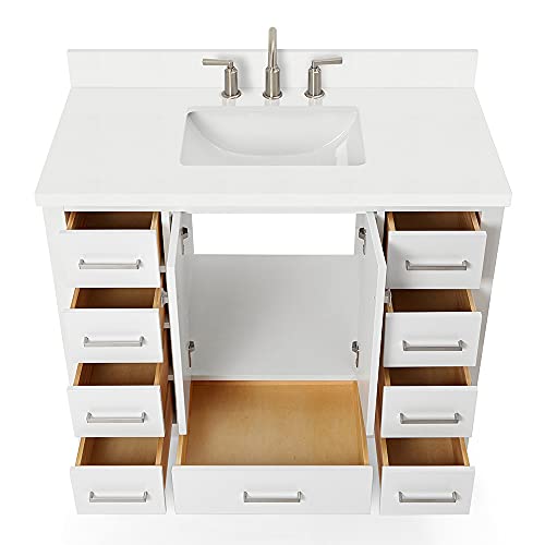 ARIEL Cambridge 43 Inch Bathroom Vanity, White Bathroom Vanity with Sink, Solid Wood Vanity Cabinet, White Quartz Countertop 1.5