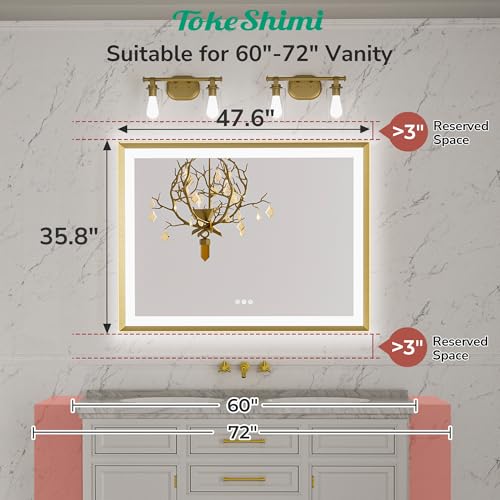 TokeShimi 48x36 Inch Light up Bathroom Mirror for Vanity with Backlit and Frontlit Gold Aluminum Rectangle Frame Beveled Edge Tricolors Stepless Dimmable Anti-Fog Memory Function for Wall Decor