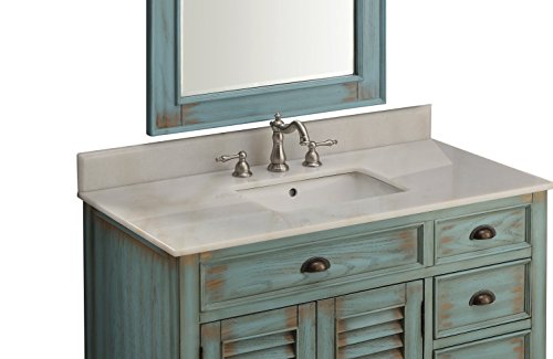 Benton Collection 42-Inch Abbeville Farmhouse Rustic Light Blue Bathroom Vanity, Single Sink with Shutter Door Design, White Marble Stone Top, Undermount Porcelain Sink, and Fully Assembled