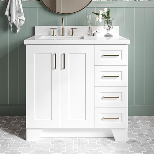 ARIEL Taylor 37 Inch White Bathroom Vanity with Sink, Solid Wood Bathroom Vanity Base Cabinet, White Quartz Countertop 1.5-Inch Edge, Left Rectangular Single Sink, 2 Soft Closing Doors, 5 Drawers