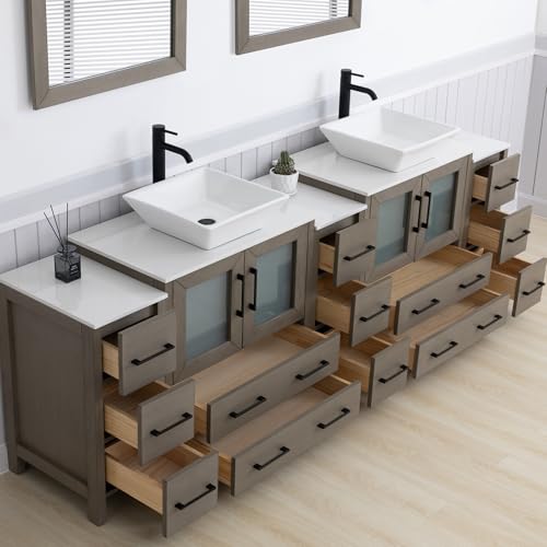 Vanity Art 96 Inch Vessel Double Sink Bathroom Vanity Cabinet with 2 Mirrors, Engineered Marble Top Bathroom Cabinet Compact Set with 13 Dovetail Drawers and Soft Closing Doors, VA3130-96DG