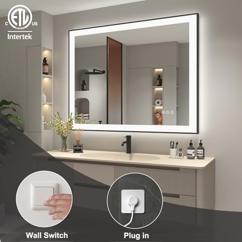 SMIROR Black LED Bathroom Mirror 44x32, Lighted Vanity Mirrors with Lights, Dimmable, Anti-Fog, Memory, Shatterproof (Real Front Lights + Backlit)