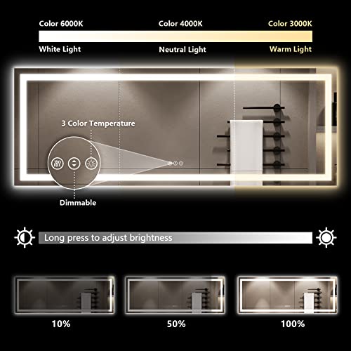 YEELAIT 96x36 Inch LED Bathroom Mirror with Lights Front and Backlit Lighted Vanity Mirror for Bathroom Wall with 3 Colors Dimmable Anti-Fog Memory Shatter-Proof IP54 Waterproof Horizontal/Vertical