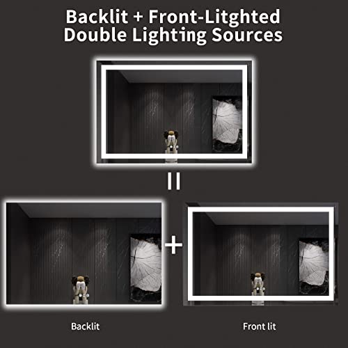 LOAAO 60X40 LED Bathroom Mirror with Lights, Anti-Fog, Dimmable, Backlit + Front Lit, Lighted Bathroom Vanity Mirror for Wall, Memory Function, Tempered Glass, ETL Listed