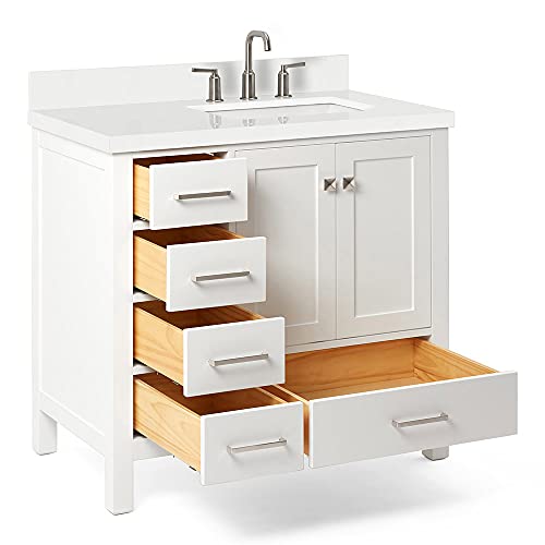 ARIEL Cambridge 37 Inch Bathroom Vanity with Sink, White Bathroom Vanity, Solid Wood Vanity Base Cabinet, White Quartz Top 1.5-Inch Edge, Right Rectangular Sink, 2 Soft Closing Doors, 5 Drawers