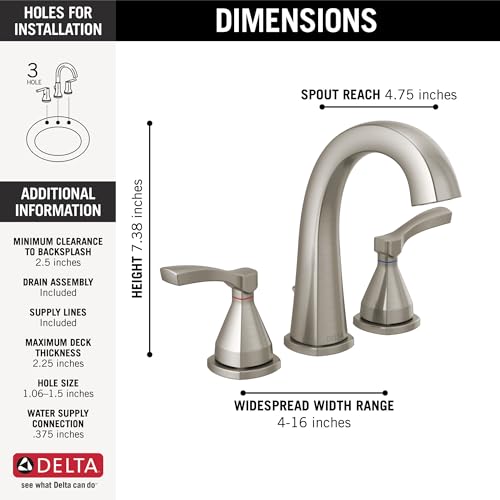 Delta Faucet Stryke Widespread Bathroom Faucet 3 Hole, Brushed Nickel Bathroom Sink Faucet, 2 Handle Bathroom Faucet, Bath Faucet, Metal Pop-Up Drain Assembly, Lumicoat Stainless 35775-SS-PR-MPU-DST