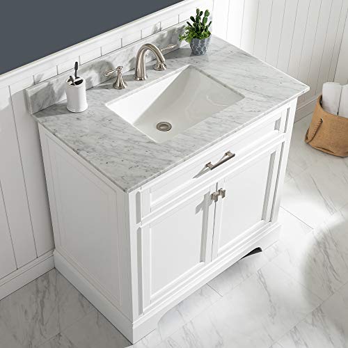 LUCA Kitchen & Bath LC36OWW Savanna 36” Single Bathroom Vanity Set in Pure White with Carrara Marble Countertop and Porcelain Sink