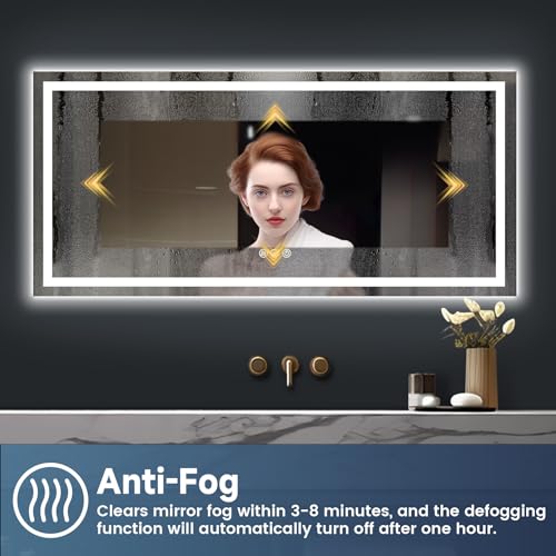 FURNIFIXTURE 60x28 Inch LED Bathroom Mirror - Lighted Vanity Mirror for Wall with Front and Backlit, Anti-Fog, Shatter-Proof, 3 Color Temperatures, Memory, Stepless Dimmable, Horizontal/Vertical,