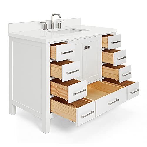 ARIEL Cambridge 43 Inch Bathroom Vanity, White Bathroom Vanity with Sink, Solid Wood Vanity Cabinet, White Quartz Countertop 1.5