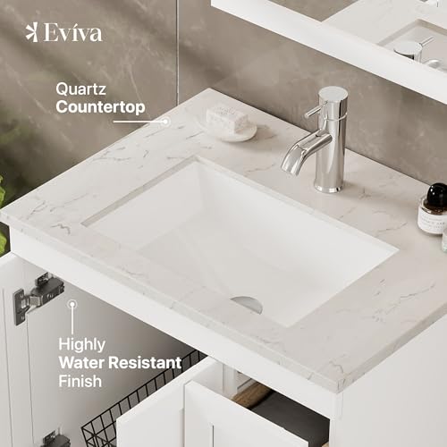 Eviva Happy 24 Inch Bathroom Vanity with Sink – White Vanity Bathroom with Carrara Quartz Countertop, Undermount Porcelain Sink Combo – Bathroom Sink Cabinet 24