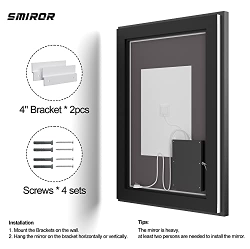 SMIROR Black LED Bathroom Mirror 44x32, Lighted Vanity Mirrors with Lights, Dimmable, Anti-Fog, Memory, Shatterproof (Real Front Lights + Backlit)