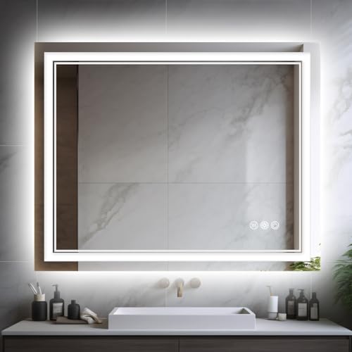 Durx-litecrete LED Bathroom Mirror, 40'' x 32'' Wall Mounted Vanity Mirror, Front & Back Light Mirrors, 3 Color Stepless Dimmable Lighted Mirror, Anti-Fog, Shatter-Proof, Memory(Horizontal/Vertical)