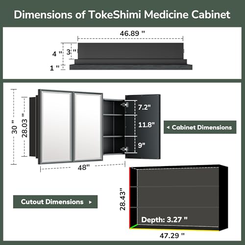 TokeShimi 48x30 Recessed Medicine Cabinet with Mirror Beveled, Silver Medicine Cabinet Mirrored Aluminum, Surface Mounted Metal Bathroom Vanity Mirror with Storage