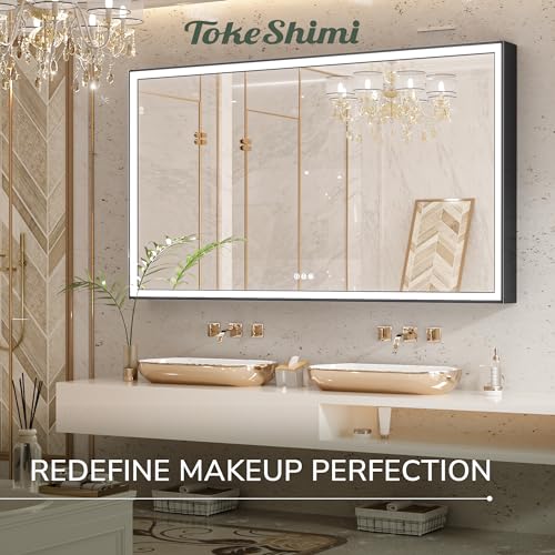 TokeShimi 60 x 36 Inch Black Large Bathroom Mirror LED Vanity Mirror with 45° Angled Beveled Light, 3 Colors, Anti-Fog,Aluminum Alloy Matte Frame, Memory Funtion Stepless Dimmable for Modern Decor