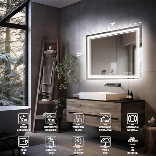 Durx-litecrete LED Bathroom Mirror, 40'' x 32'' Wall Mounted Vanity Mirror, Front & Back Light Mirrors, 3 Color Stepless Dimmable Lighted Mirror, Anti-Fog, Shatter-Proof, Memory(Horizontal/Vertical)