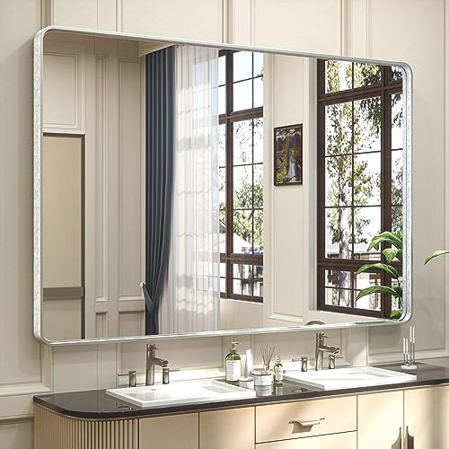 TETOTE 60 x 40 Inch Brushed Silver Bathroom Mirror, Bathroom Vanity Mirror, Modern Rectangle Round Corner Matte Framed Mirror (Horizontal/Vertical)