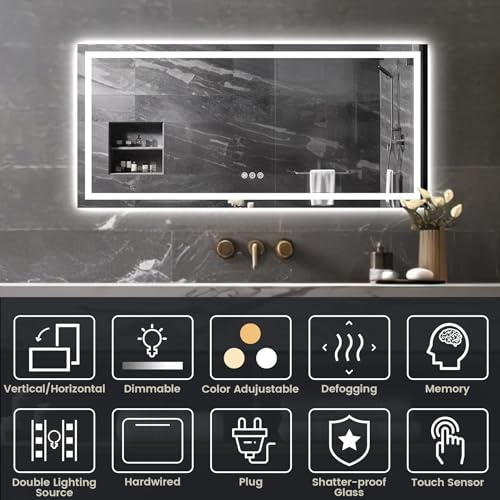 FURNIFIXTURE 60x28 Inch LED Bathroom Mirror - Lighted Vanity Mirror for Wall with Front and Backlit, Anti-Fog, Shatter-Proof, 3 Color Temperatures, Memory, Stepless Dimmable, Horizontal/Vertical,