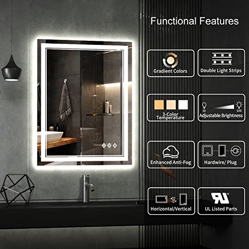 VanPokins LED Bathroom Mirror, 24x32 Inch Gradient Front and Backlit LED Mirror for Bathroom, 3 Colors Dimmable CRI>90 Double Lights, IP54 Enhanced Anti-Fog, Hanging Plates Lighted Vanity Mirror