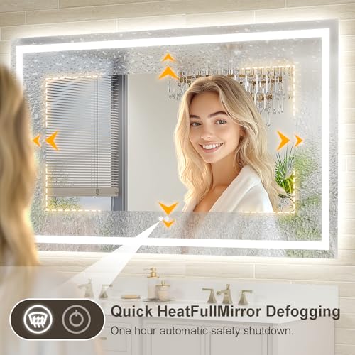 Oerbasz 55x36 LED Bathroom Mirror with Lights, Front and Rear Lighting, Tempered Glass, Dimmable, Multiple Light Modes, Anti-Fog Lighted Bathroom Vanity Mirror for Wall, Memory Function