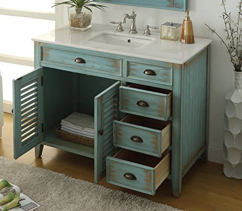Benton Collection 42-Inch Abbeville Farmhouse Rustic Light Blue Bathroom Vanity, Single Sink with Shutter Door Design, White Marble Stone Top, Undermount Porcelain Sink, and Fully Assembled