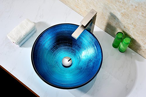 ANZZI Enti Series Tempered Glass Vessel Sink in Lustrous Blue Finish | 16.5 in. L x 16.5 in. W x 5.75 in. H | Deco-Glass Vessel Bathroom Sink with Pop-Up Drain | LS-AZ045