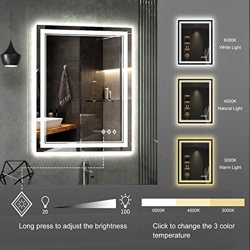 VanPokins LED Bathroom Mirror, 24x32 Inch Gradient Front and Backlit LED Mirror for Bathroom, 3 Colors Dimmable CRI>90 Double Lights, IP54 Enhanced Anti-Fog, Hanging Plates Lighted Vanity Mirror