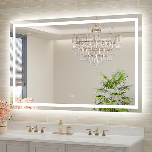 Oerbasz 55x36 LED Bathroom Mirror with Lights, Front and Rear Lighting, Tempered Glass, Dimmable, Multiple Light Modes, Anti-Fog Lighted Bathroom Vanity Mirror for Wall, Memory Function