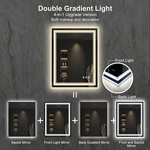 VanPokins LED Bathroom Mirror, 24x32 Inch Gradient Front and Backlit LED Mirror for Bathroom, 3 Colors Dimmable CRI>90 Double Lights, IP54 Enhanced Anti-Fog, Hanging Plates Lighted Vanity Mirror