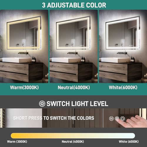 Durx-litecrete LED Bathroom Mirror, 40'' x 32'' Wall Mounted Vanity Mirror, Front & Back Light Mirrors, 3 Color Stepless Dimmable Lighted Mirror, Anti-Fog, Shatter-Proof, Memory(Horizontal/Vertical)