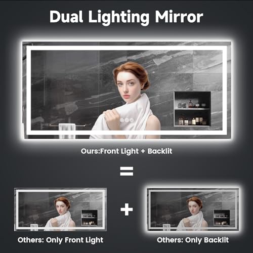 FURNIFIXTURE 60x28 Inch LED Bathroom Mirror - Lighted Vanity Mirror for Wall with Front and Backlit, Anti-Fog, Shatter-Proof, 3 Color Temperatures, Memory, Stepless Dimmable, Horizontal/Vertical,