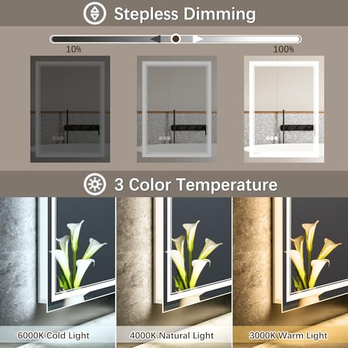 TIFULLHOME 72x32 Led Mirror for Bathroom, Anti-Fog Front and Backlit Mirror, Lighted Bathroom Mirror Insert Lights, Tempered Glass, Dimmable, 3 Colors, Anti-Fog Bathroom Vanity Mirror