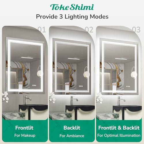 TokeShimi 48x40 LED Bathroom Mirror with Lights,Anti-Fog Light Up Mirror for Bathroom,Dimmable 3-Color Lights,Separate Control Frontlit & Backlit,CRI90+,UL Listed Driver,Memory Function,Shattproof