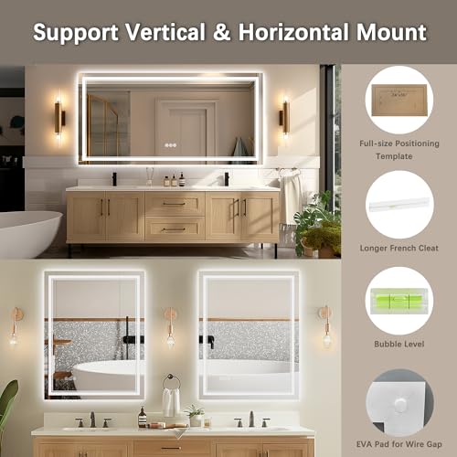 TIFULLHOME 72x32 Led Mirror for Bathroom, Anti-Fog Front and Backlit Mirror, Lighted Bathroom Mirror Insert Lights, Tempered Glass, Dimmable, 3 Colors, Anti-Fog Bathroom Vanity Mirror