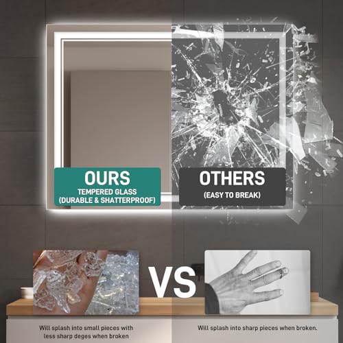Durx-litecrete LED Bathroom Mirror, 40'' x 32'' Wall Mounted Vanity Mirror, Front & Back Light Mirrors, 3 Color Stepless Dimmable Lighted Mirror, Anti-Fog, Shatter-Proof, Memory(Horizontal/Vertical)
