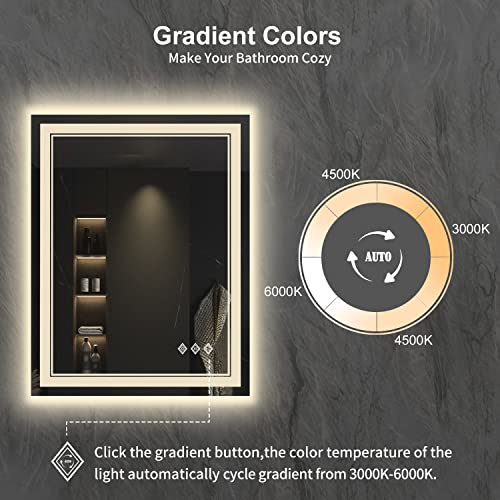 VanPokins LED Bathroom Mirror, 24x32 Inch Gradient Front and Backlit LED Mirror for Bathroom, 3 Colors Dimmable CRI>90 Double Lights, IP54 Enhanced Anti-Fog, Hanging Plates Lighted Vanity Mirror