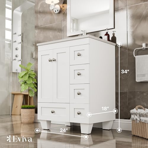 Eviva Happy 24 Inch Bathroom Vanity with Sink – White Vanity Bathroom with Carrara Quartz Countertop, Undermount Porcelain Sink Combo – Bathroom Sink Cabinet 24