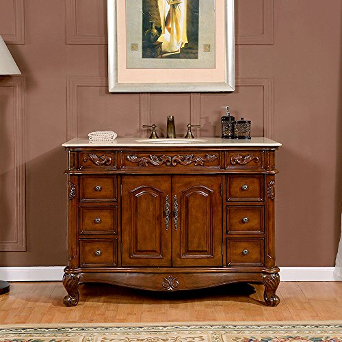 Silkroad Exclusive Gorgeous Marble Ceramic Stone Top Single Sink Bathroom Vanity with Cabinet, 48