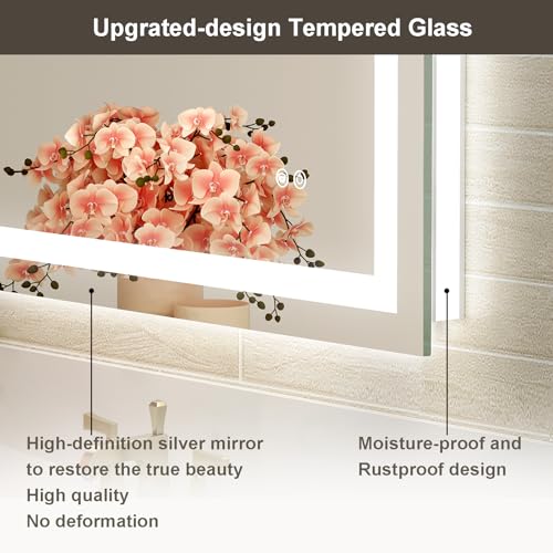 Oerbasz 55x36 LED Bathroom Mirror with Lights, Front and Rear Lighting, Tempered Glass, Dimmable, Multiple Light Modes, Anti-Fog Lighted Bathroom Vanity Mirror for Wall, Memory Function