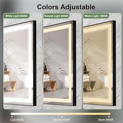 60x48 inch Black Framed LED Bathroom Mirror for Wall, LED Bathroom Mirror with Light for Vanity, Dimmable, Anti-Fog, 3 Colors, Shatterproof, ETL Listed, Hangs Horizontally or Vertically