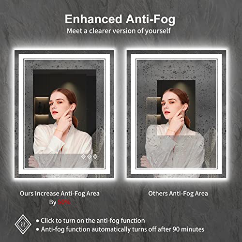 VanPokins LED Bathroom Mirror, 24x32 Inch Gradient Front and Backlit LED Mirror for Bathroom, 3 Colors Dimmable CRI>90 Double Lights, IP54 Enhanced Anti-Fog, Hanging Plates Lighted Vanity Mirror