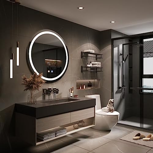 Moonee Round led Bathroom Mirror, 32 Inch Front Lighted Mirror Bathroom, 3 Color Circle led Light Mirror, Anti-Fog, Framless, Dimmable,CRI90+, IP54 Waterproof