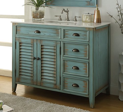 Benton Collection 42-Inch Abbeville Farmhouse Rustic Light Blue Bathroom Vanity, Single Sink with Shutter Door Design, White Marble Stone Top, Undermount Porcelain Sink, and Fully Assembled