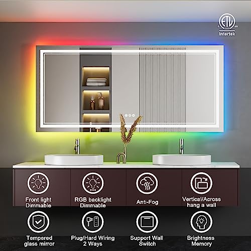 ISTRIPMF 77x36 Inch RGB LED Bathroom Mirror with Lights, Color Changing RGB Backlit LED Mirror for Bathroom,Lighted Vanity Mirrors for Bathroom Wall, Dimmable, Anti-Fog (RGB Backlit+Front-Lit)